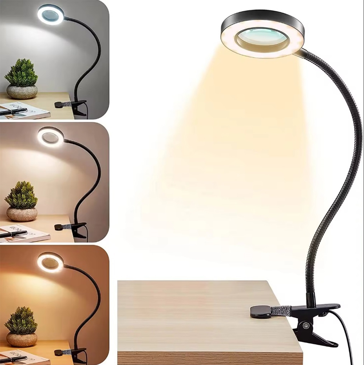 Lempa led žiedinė su lanksčiu stovu, 9 cm, juoda