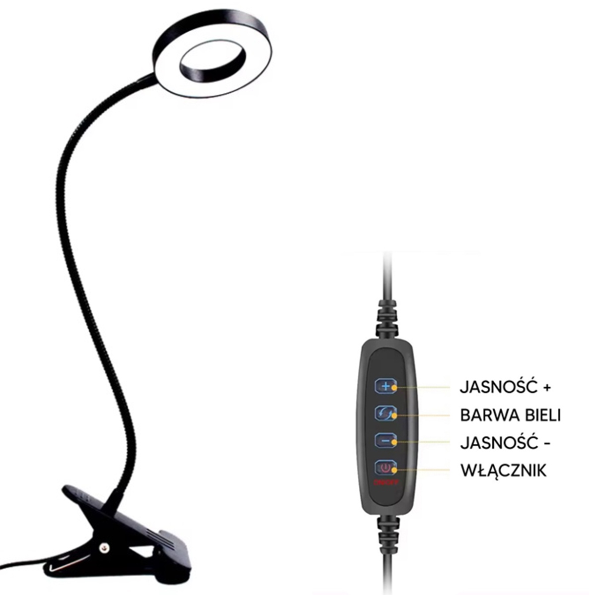 Lempa led žiedinė su lanksčiu stovu, 9 cm, juoda