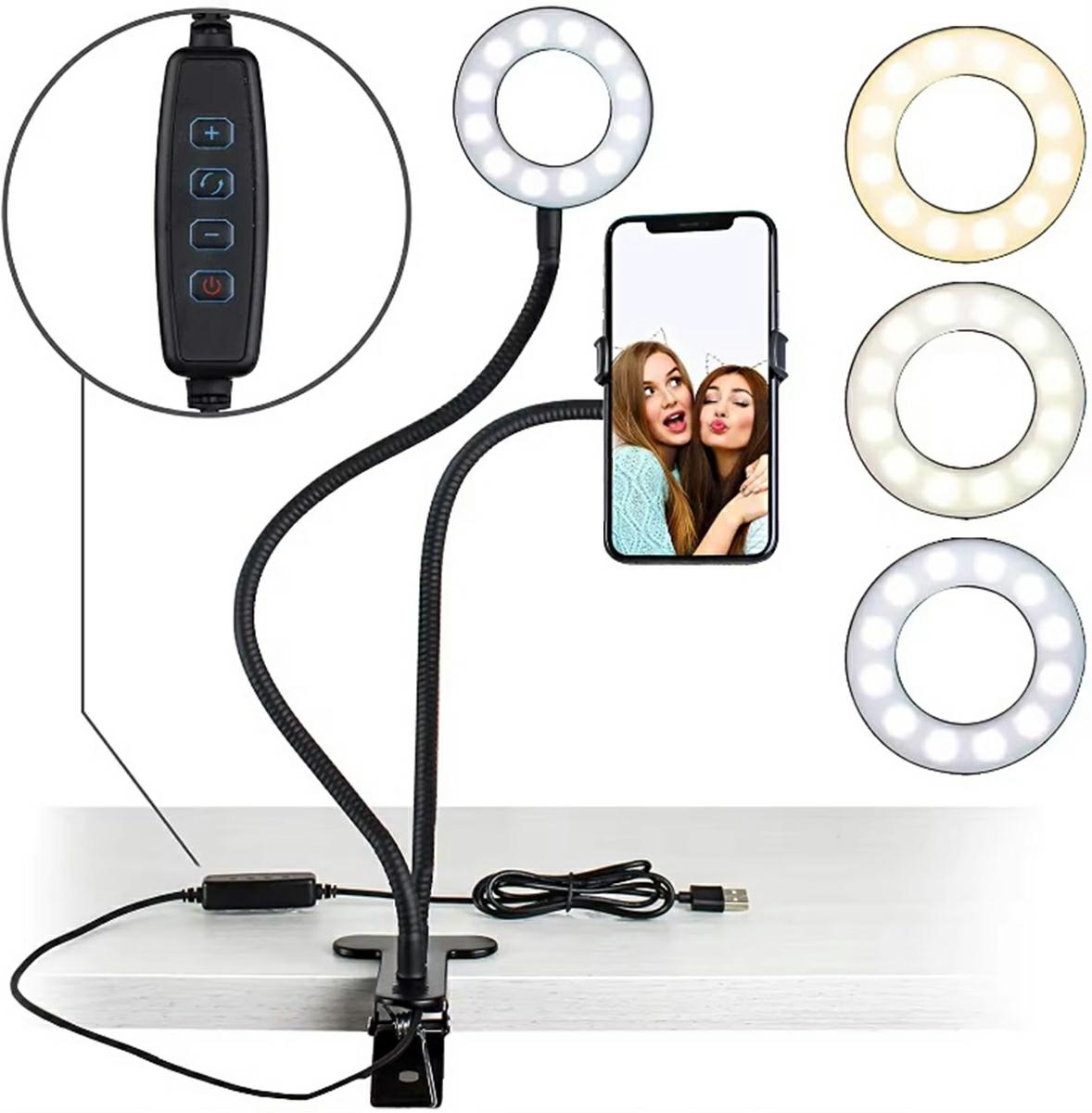 Lempa led žiedinė su lanksčiu stovu, 9 cm, juoda