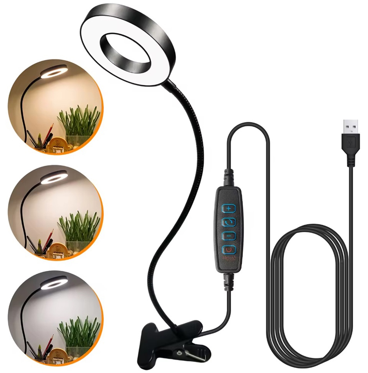 Lempa led žiedinė su lanksčiu stovu, 9 cm, juoda