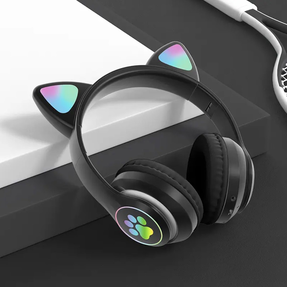 Belaidės ausinės zs7f su led kačių ausimis ir bluetooth 5.0, juodos