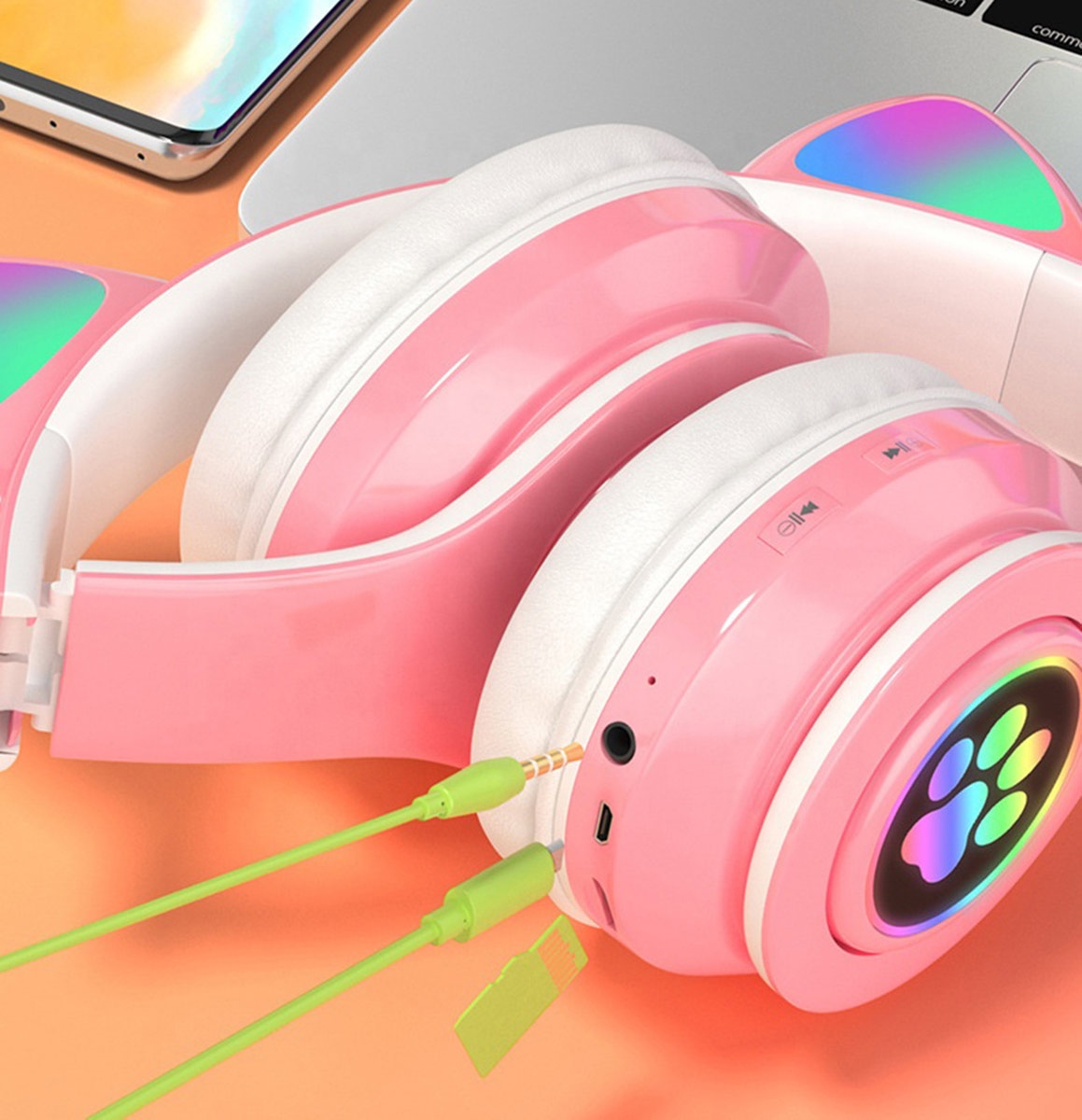 Belaidės ausinės zs7f su led kačių ausimis ir bluetooth 5.0, juodos