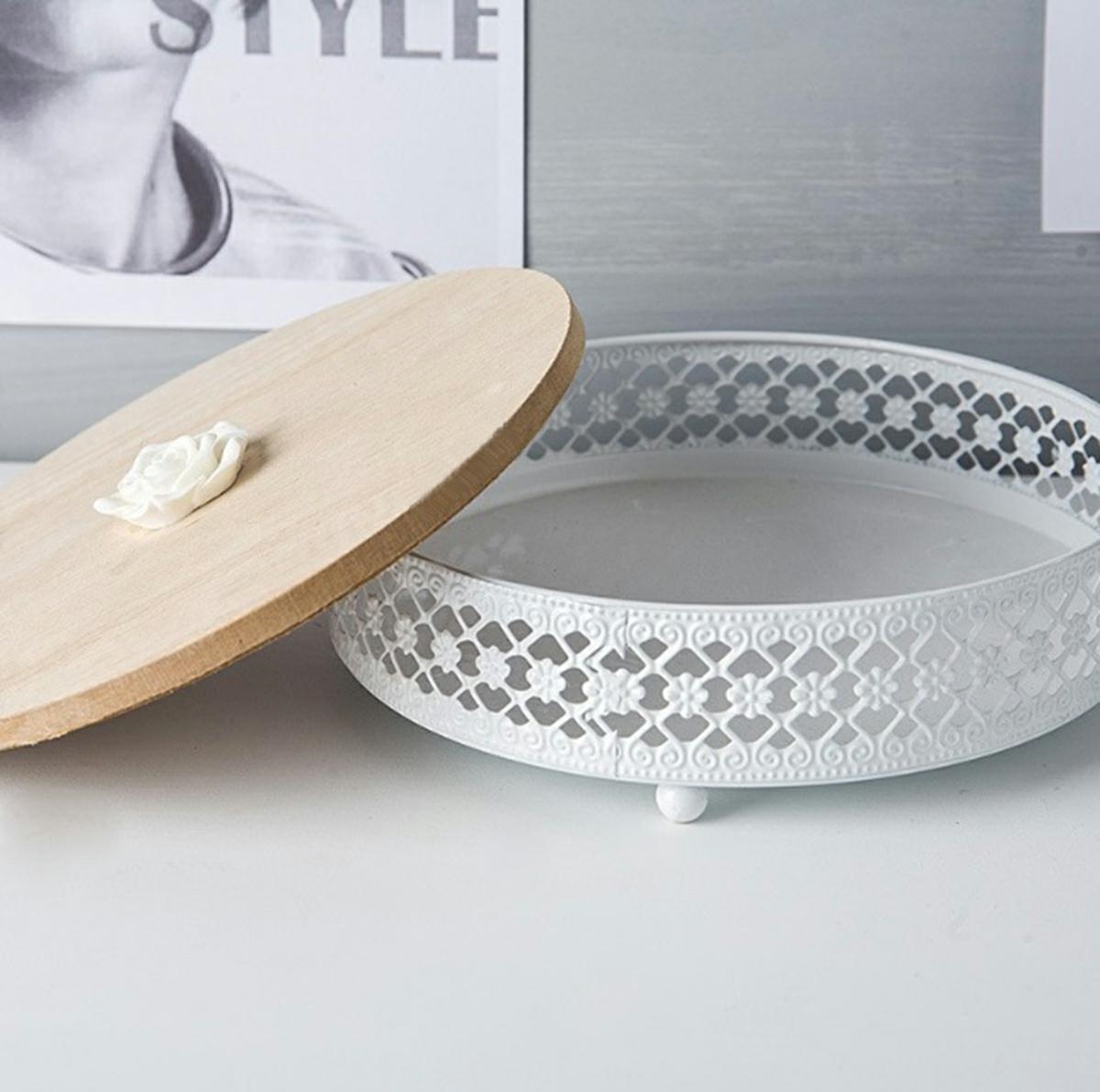 Dekoratyvinis indas apt ag605d, metalinis su mediniu dangčiu, 16 cm skersmens