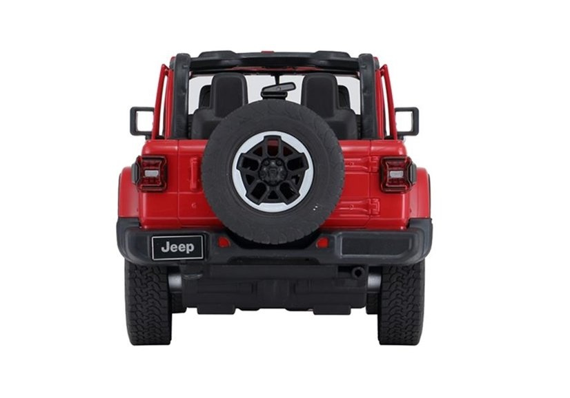 Nuotoliniu būdu valdomas raudonas jeep wrangler rubicon 1:14 modelis