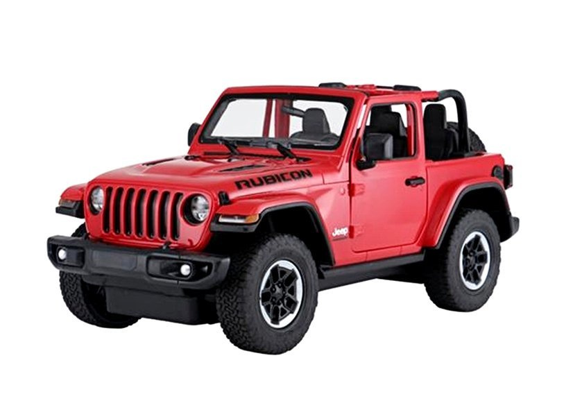 Nuotoliniu būdu valdomas raudonas jeep wrangler rubicon 1:14 modelis