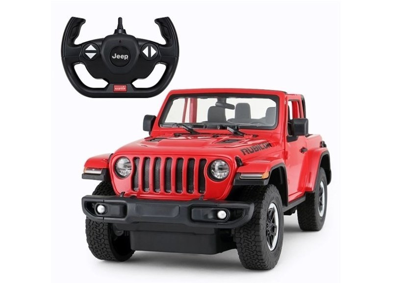 Nuotoliniu būdu valdomas raudonas jeep wrangler rubicon 1:14 modelis