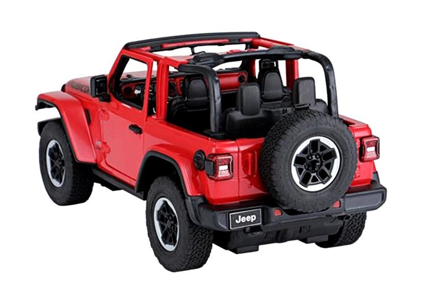 Nuotoliniu būdu valdomas raudonas jeep wrangler rubicon 1:14 modelis