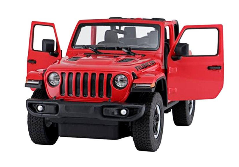 Nuotoliniu būdu valdomas raudonas jeep wrangler rubicon 1:14 modelis