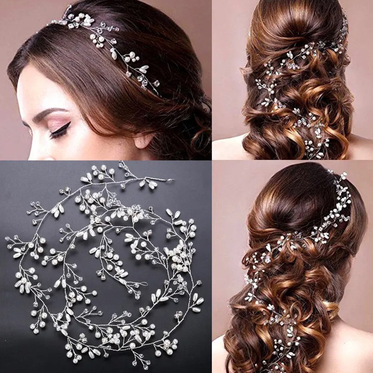 Plaukų tiara su perliukais 50 cm