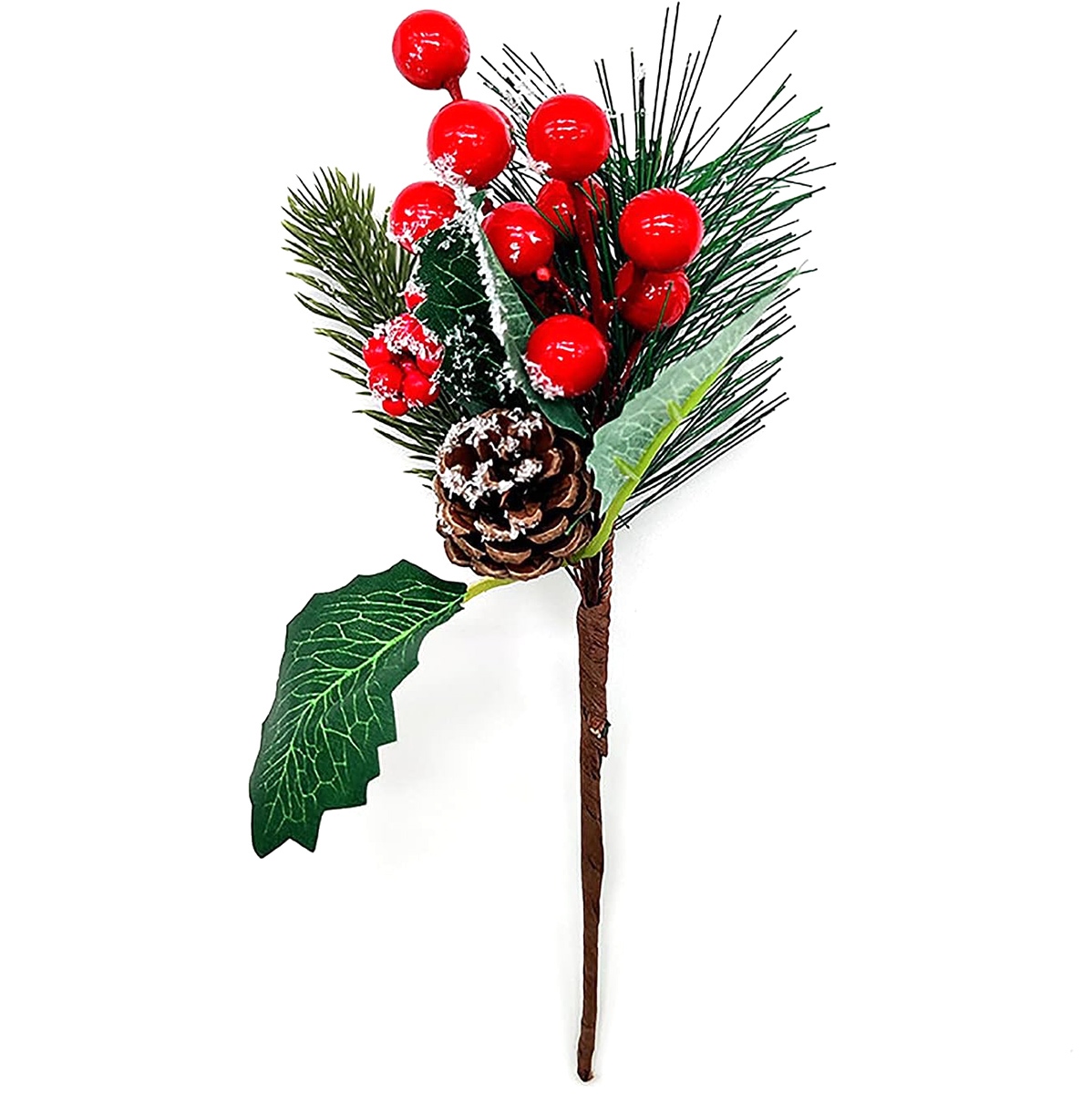 Kalėdinė dekoratyvinė šakelė su gudobelėmis ir kankorėžiais, 23 cm
