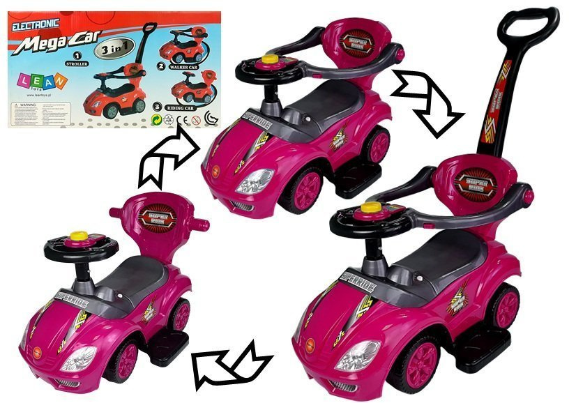 Paspiriama mašinėlė-stumdukas mega car 3in1, rožinė