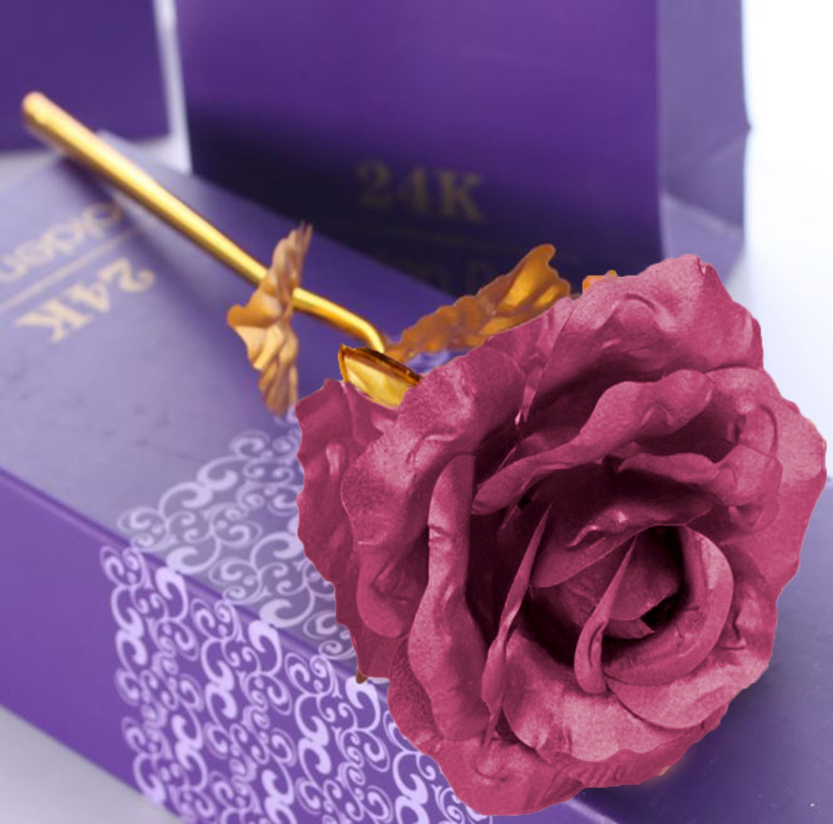 Auksinė rožė su violetiniais žiedlapiais, 24 cm