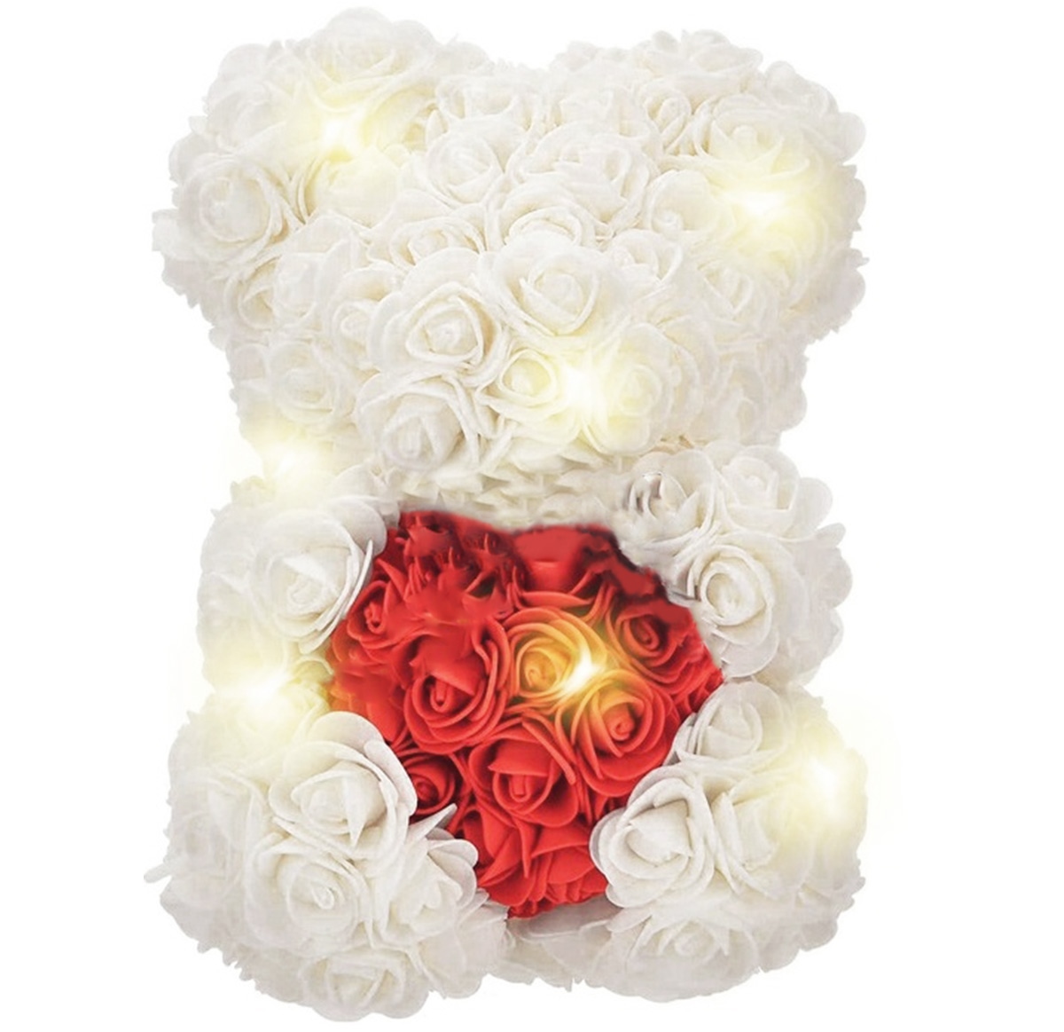 Meškiukas iš rožių su širdimi ir led apšvietimu, 23 cm