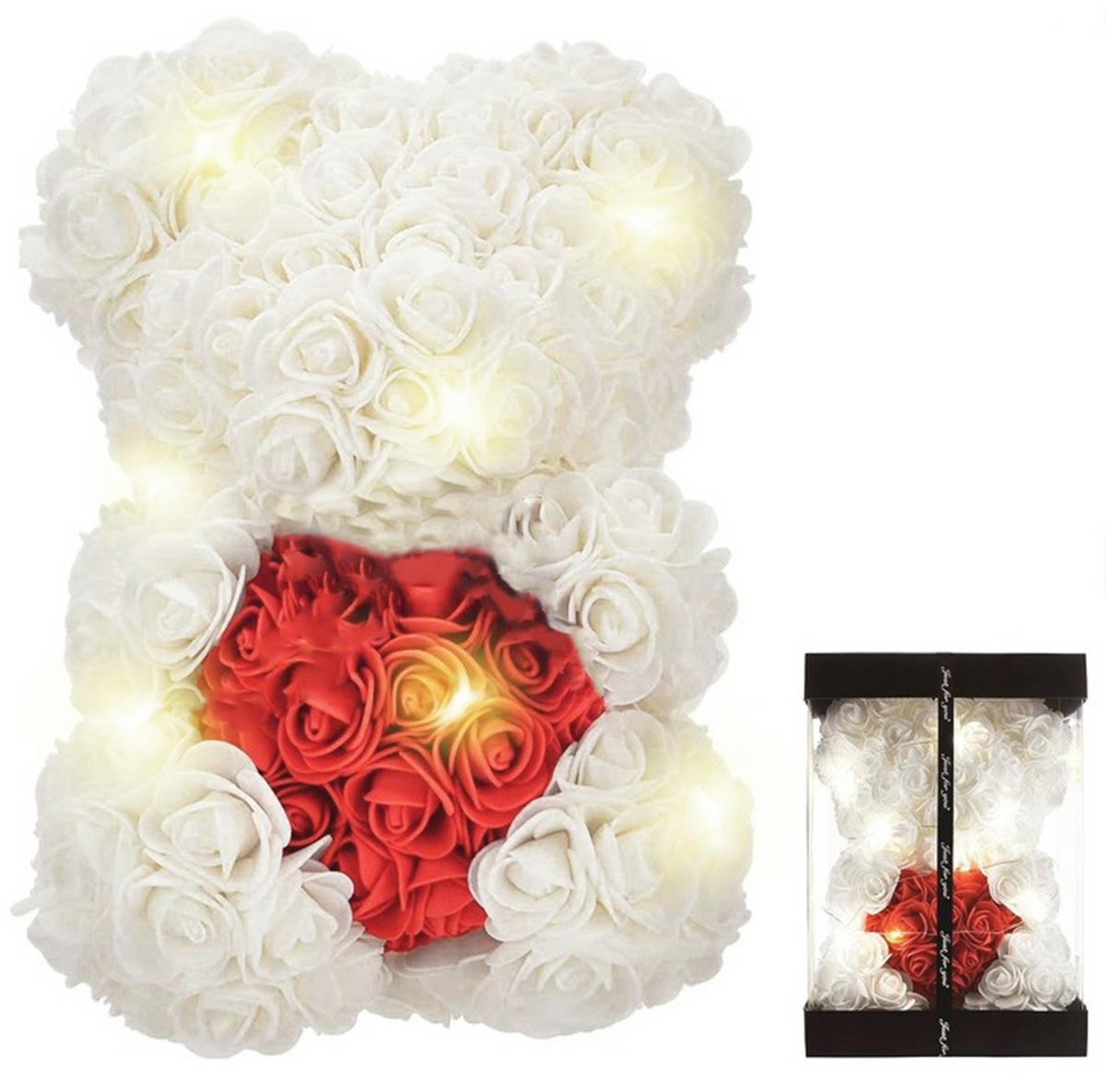 Meškiukas iš rožių su širdimi ir led apšvietimu, 23 cm