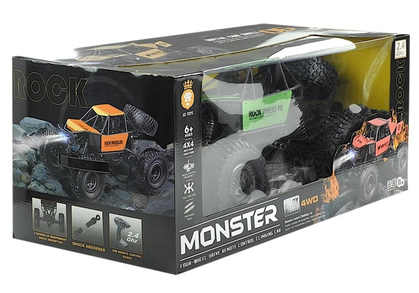 Visureigis monster truck su nuotolinio valdymo pultu, žalias