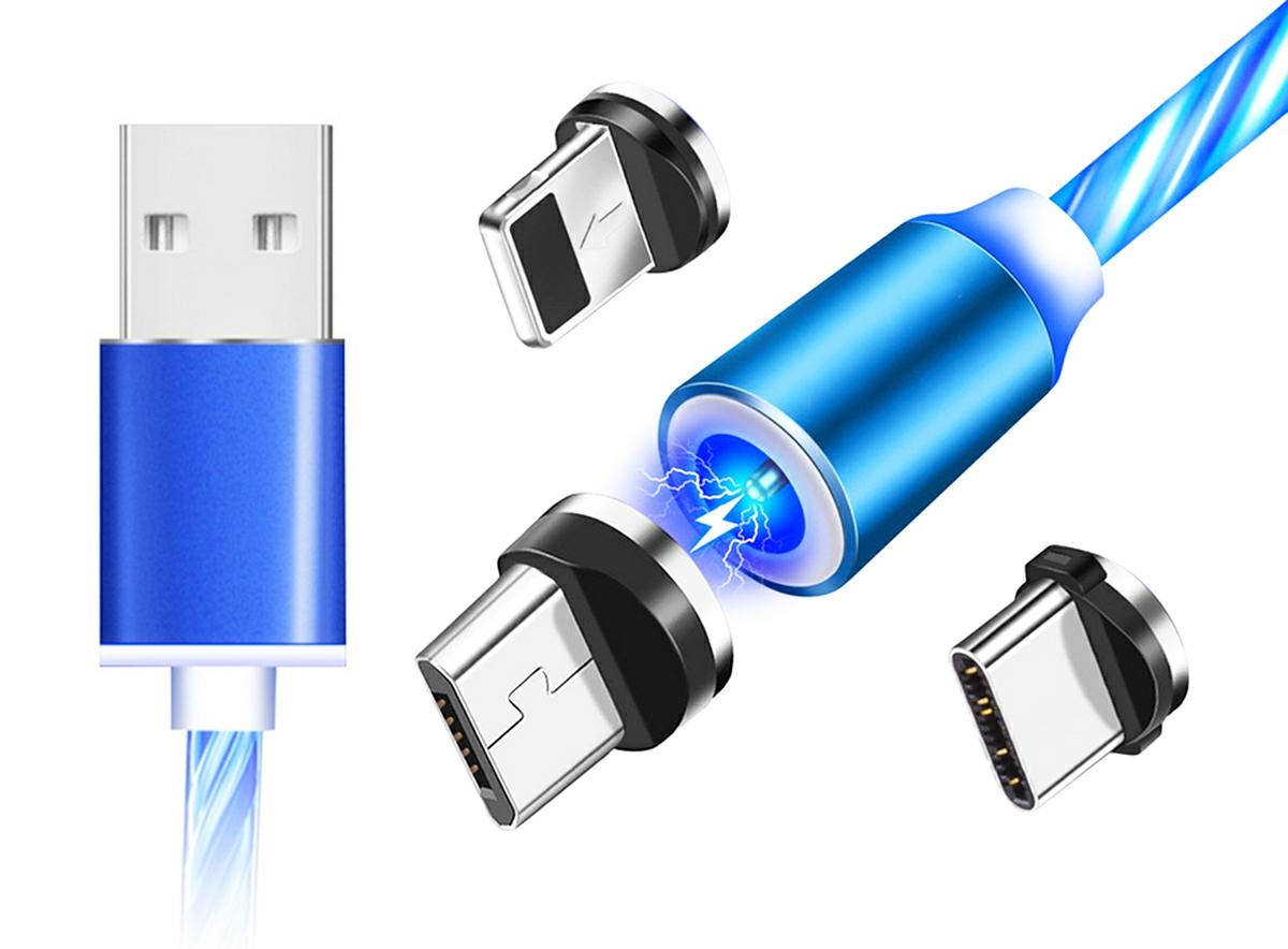 Magnetinis usb laidas 3in1 led, 1 m, mėlynas