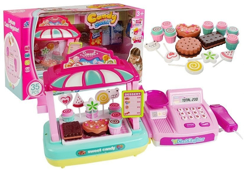 Parduotuvė su kasa ir prekystaliu "pink", 35 dalių