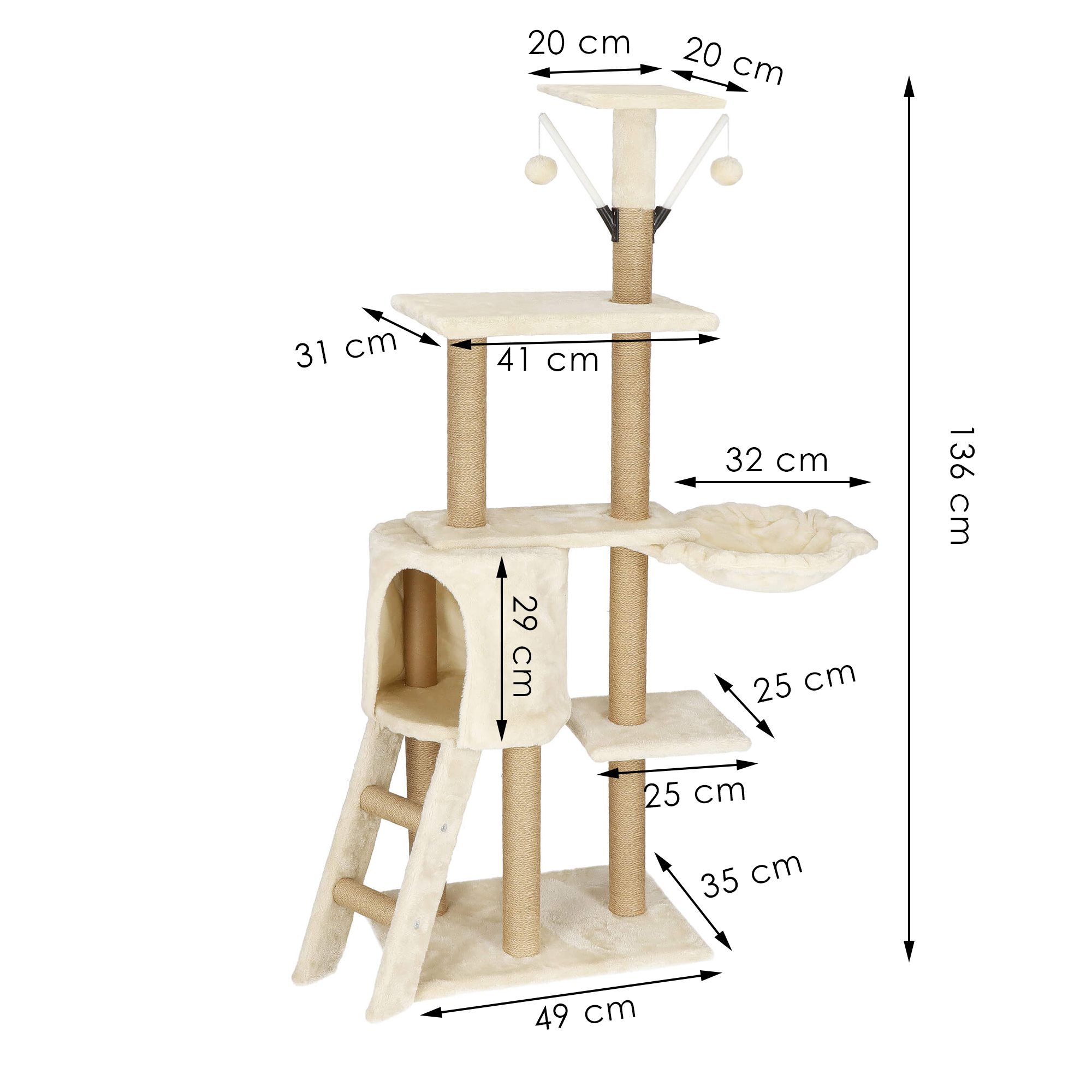 Katės draskyklė su nameliu springos, 136 cm, 7 lygiai