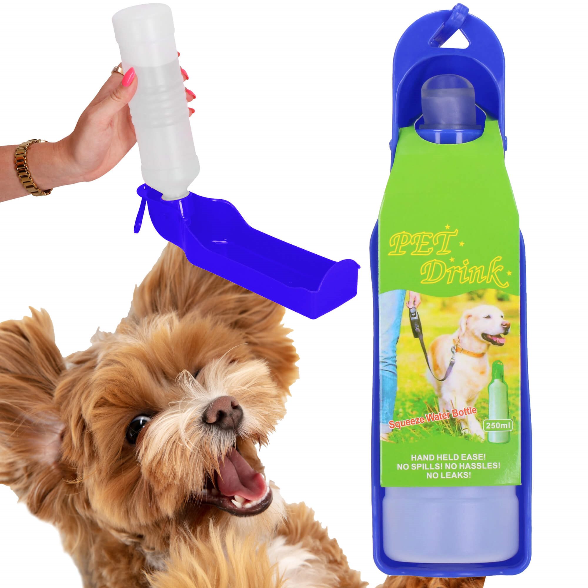 Vandens butelis šunims ir katėms springos, su girdykla, 250 ml 2
