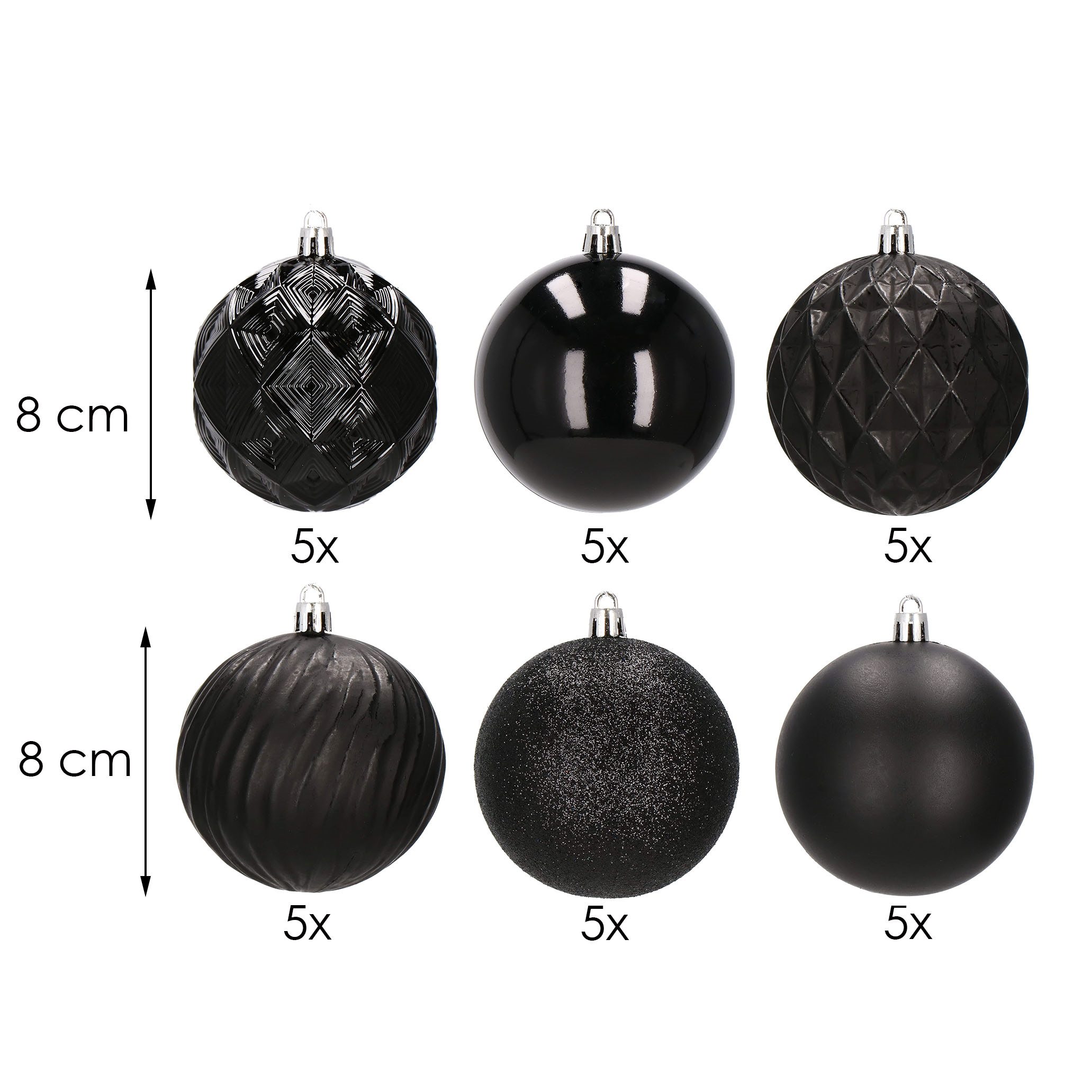 Kalėdiniai žaisliukai springos 30 vnt juodi 8 cm