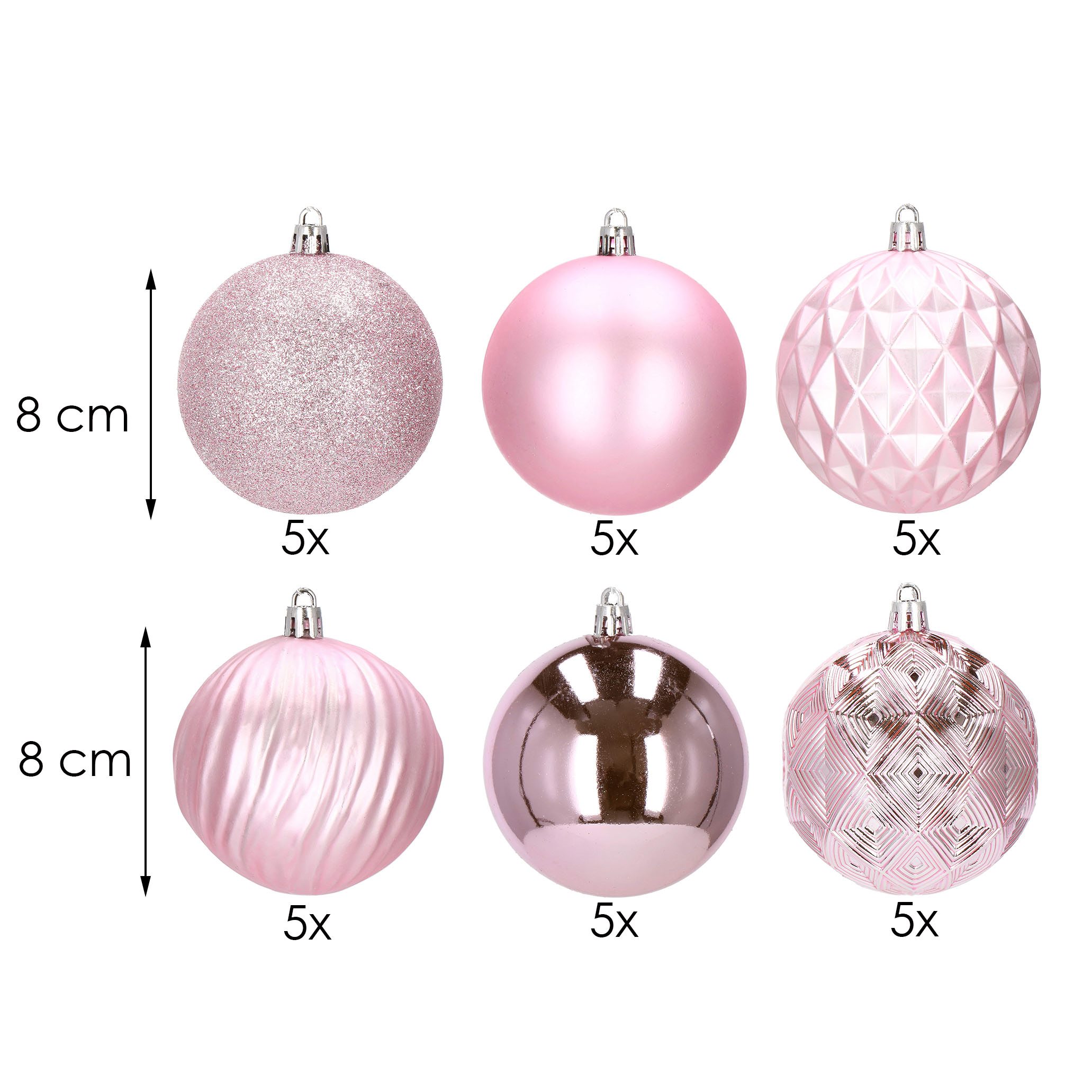 Kalėdiniai žaisliukai springos 30 vnt rožiniai 8 cm