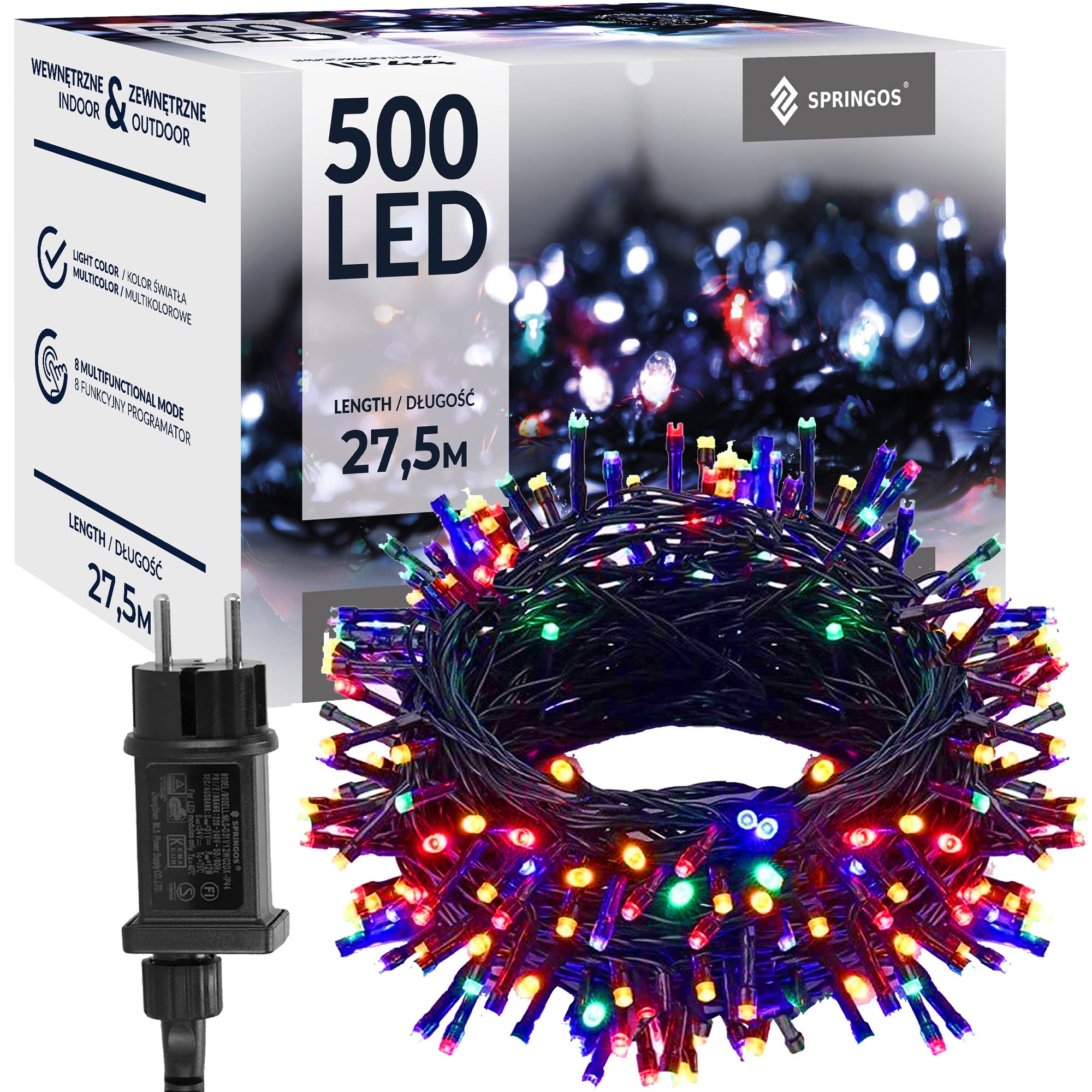 Kalėdų eglutės girlianda springos 500 led 27,5 m su 8 apšvietimo režimais