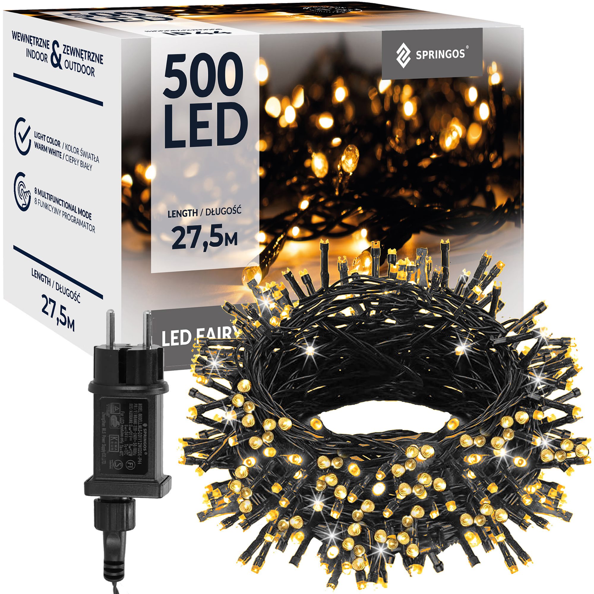 Kalėdų girlianda springos 500 led, 27,5 m, šiltai balta