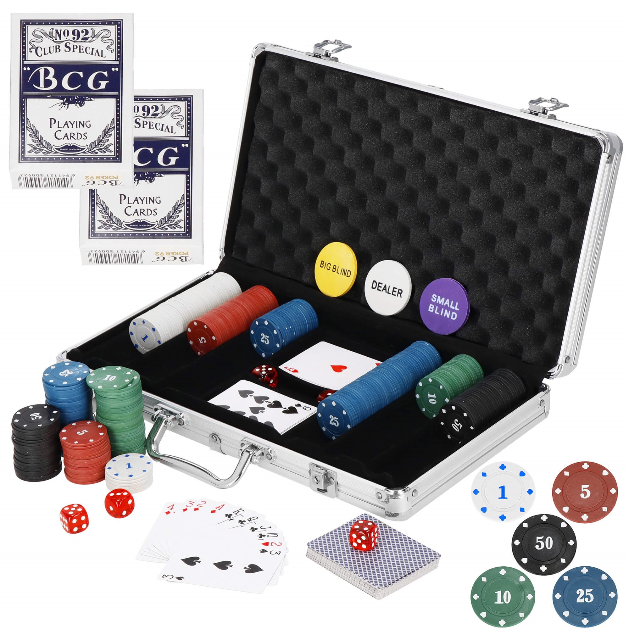 Pokerio rinkinys springos su 300 žetonų ir lagaminu