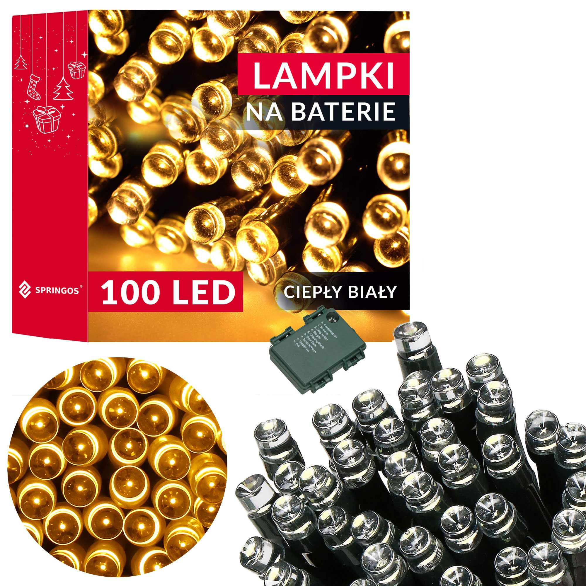 Led girlianda su laikmačiu, 100 šiltai baltų led