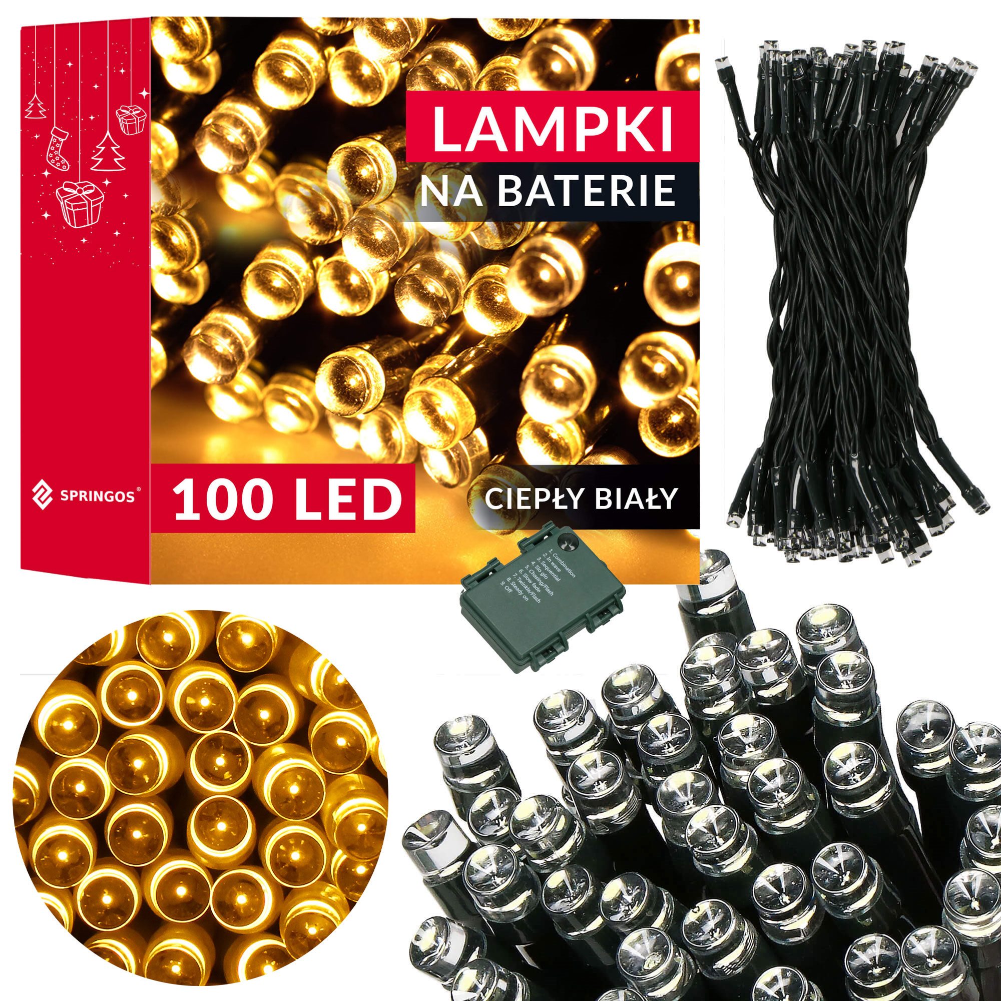 Led girlianda su laikmačiu, 100 šiltai baltų led