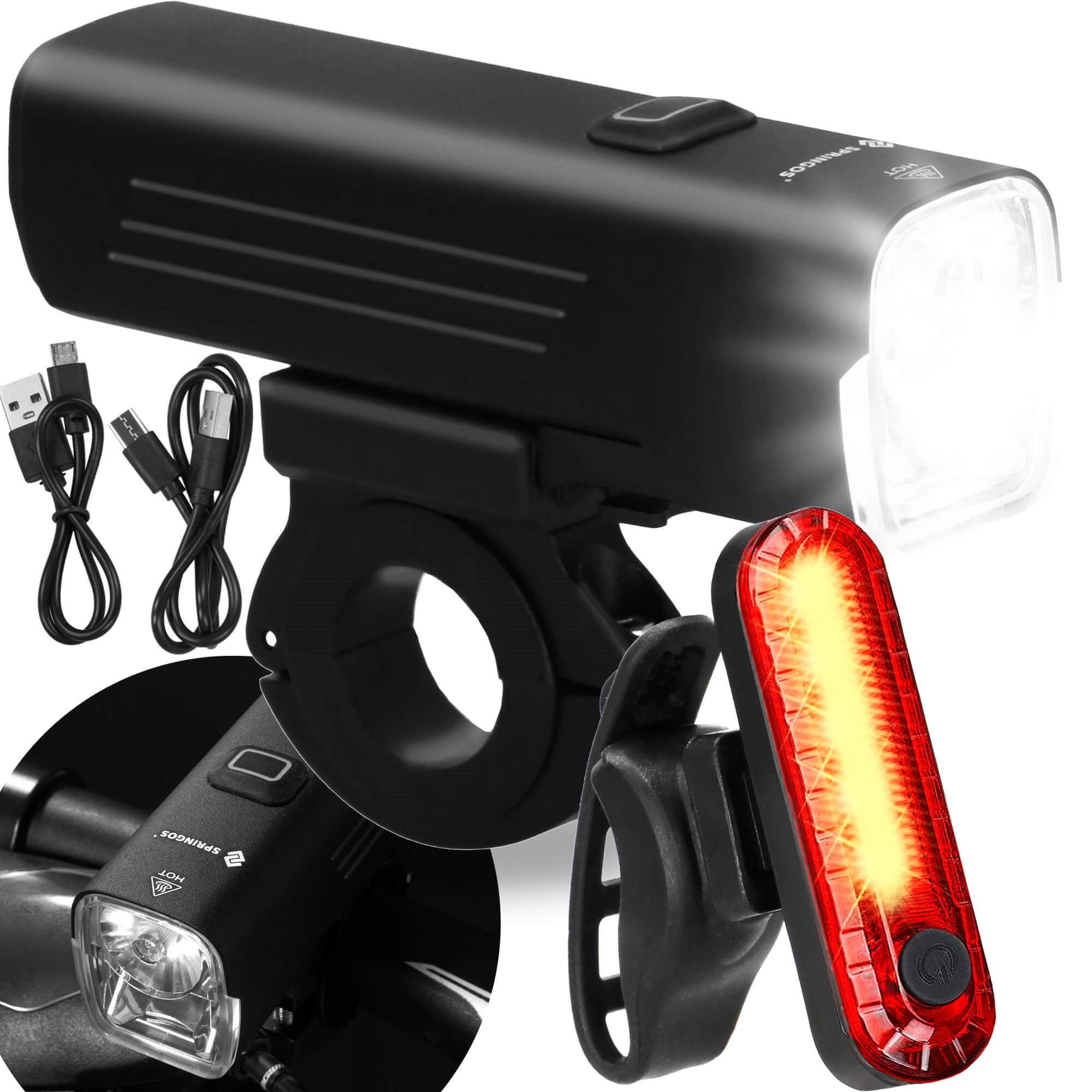 Dviračio žibintų rinkinys springos ba0081, 1000 lm, usb įkrovimas
