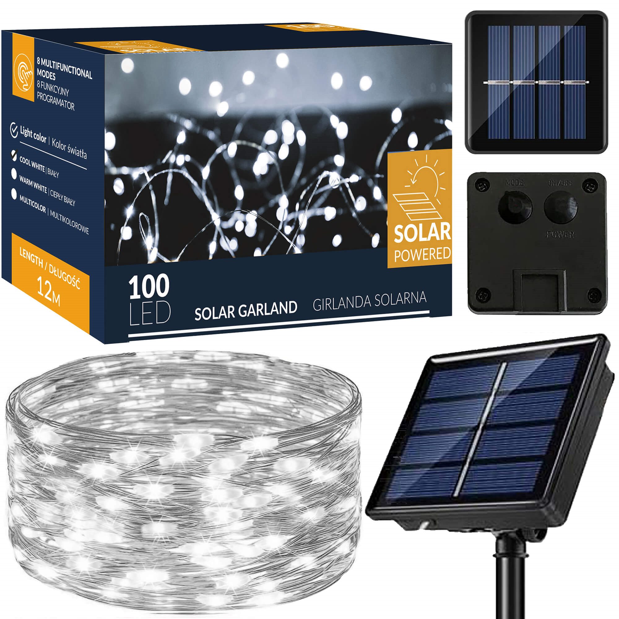 Kalėdinė švieselių girlianda su saulės elementu ir 100 mikro LED, šaltai balta, 12 m
