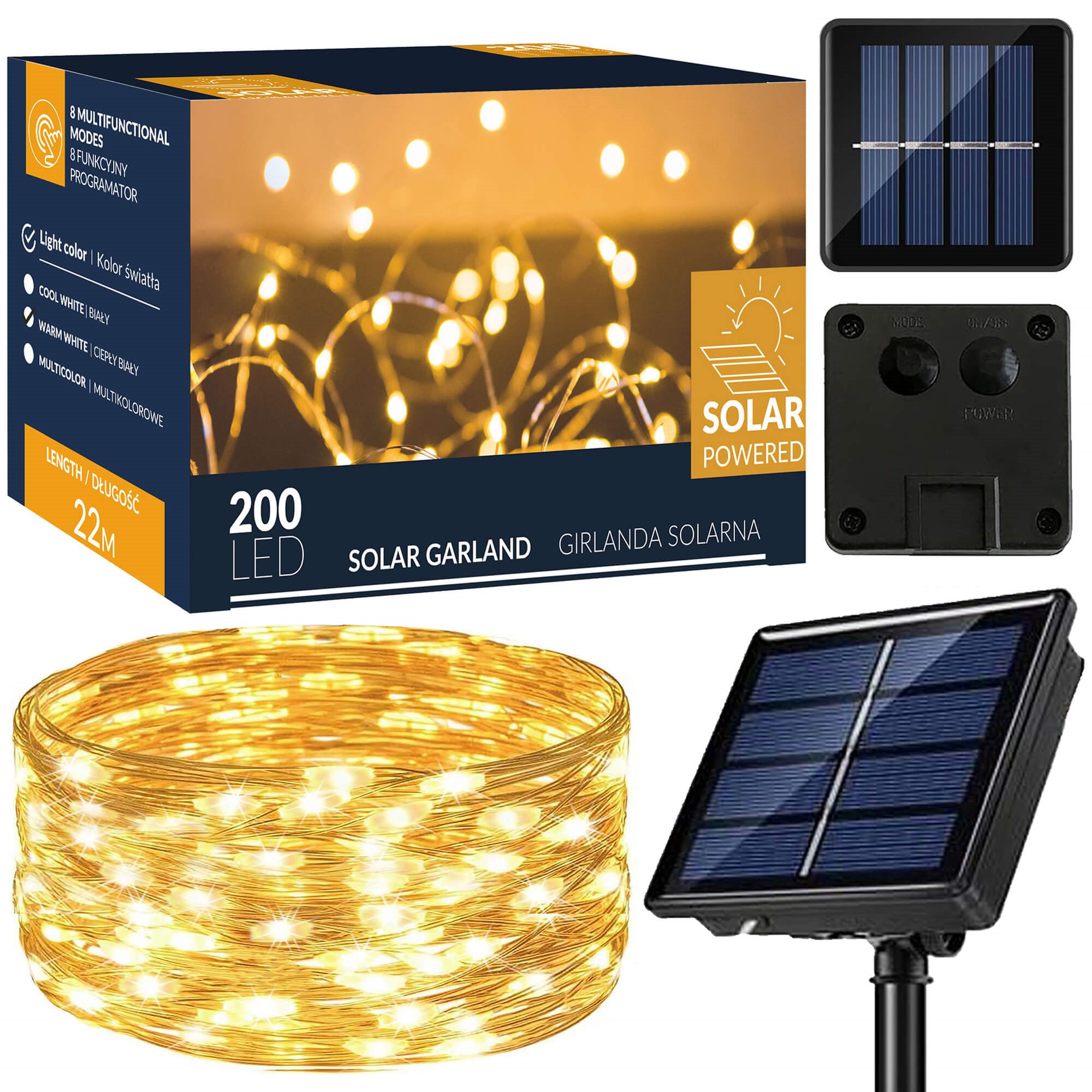 Kalėdinė LED lempučių girlianda su saulės baterija ir 200 mikro-LED, šiltai balta, 22 m