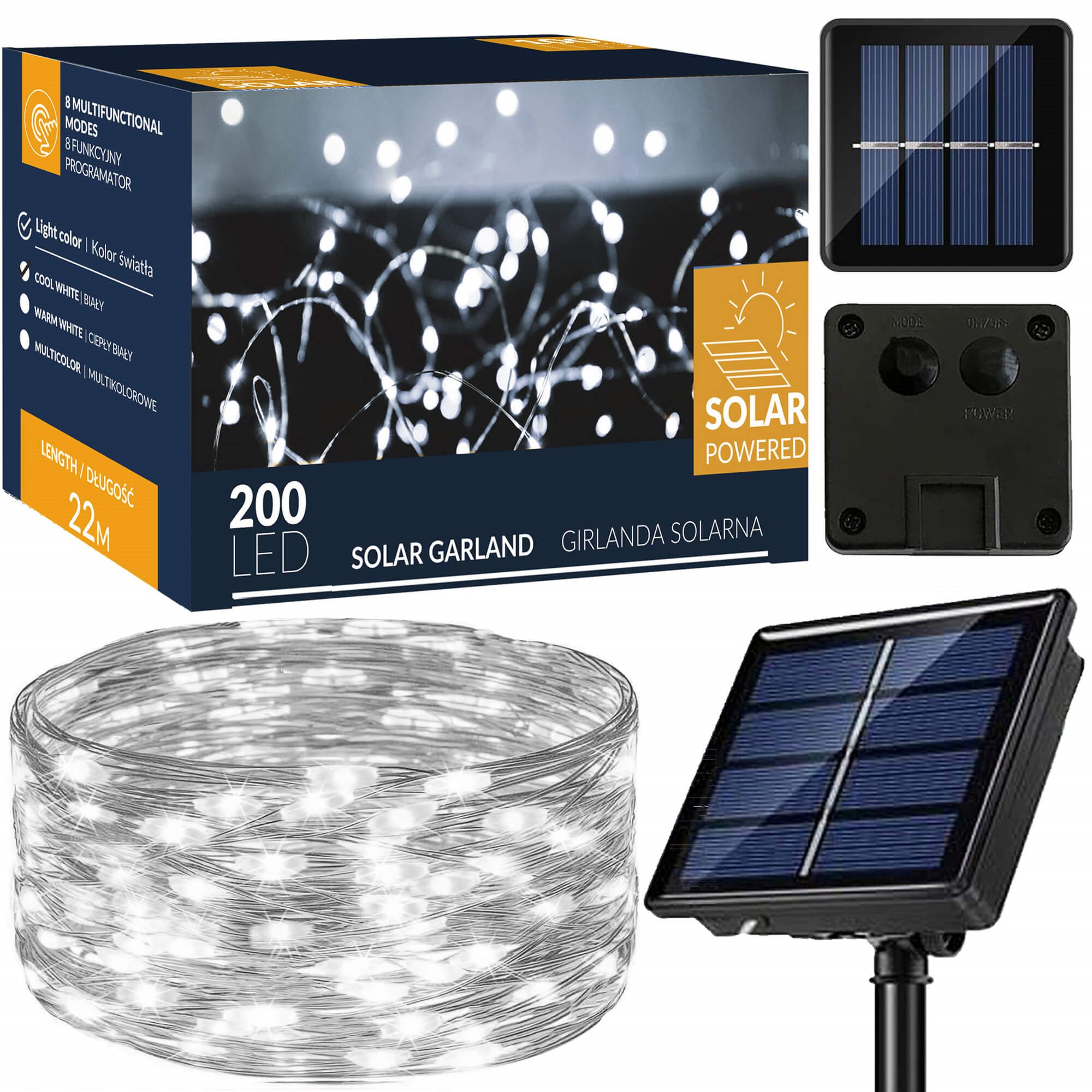 Kalėdinės lemputės su saulės elementu, 200 mikro LED, šaltai baltos, 22 m