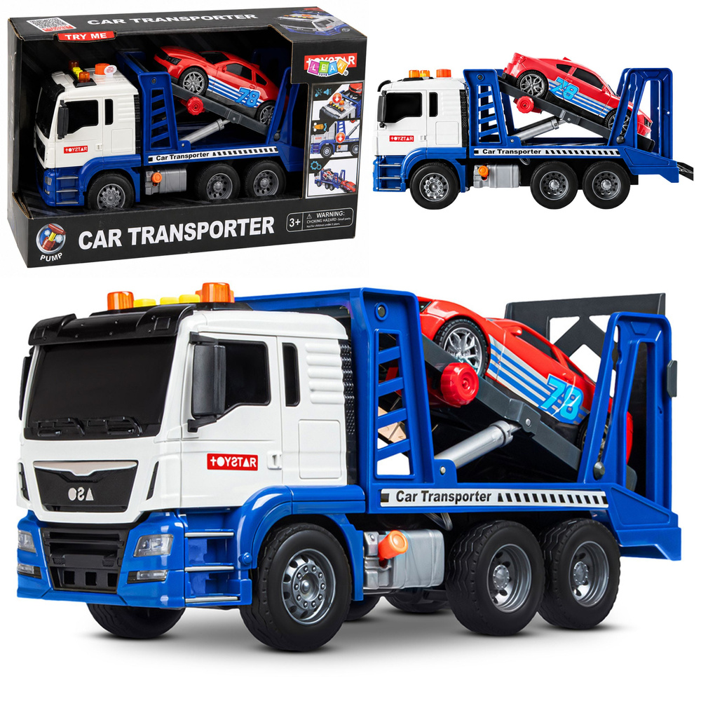 Žaislinis autovežis su sportiniu automobiliu, mėlynas ir baltas, 31,5 × 19,5 × 11 cm