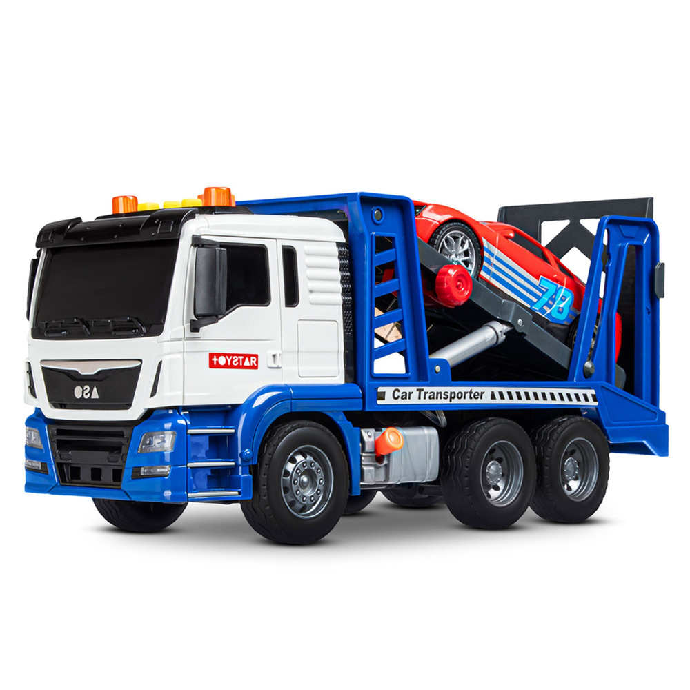 Žaislinis autovežis su sportiniu automobiliu, mėlynas ir baltas, 31,5 × 19,5 × 11 cm