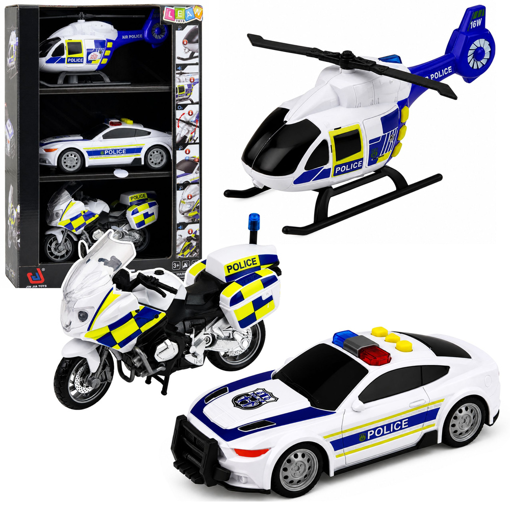 Policijos transporto priemonių rinkinys su šviesos ir garso efektais, baltos ir mėlynos spalvos, 3 vnt.