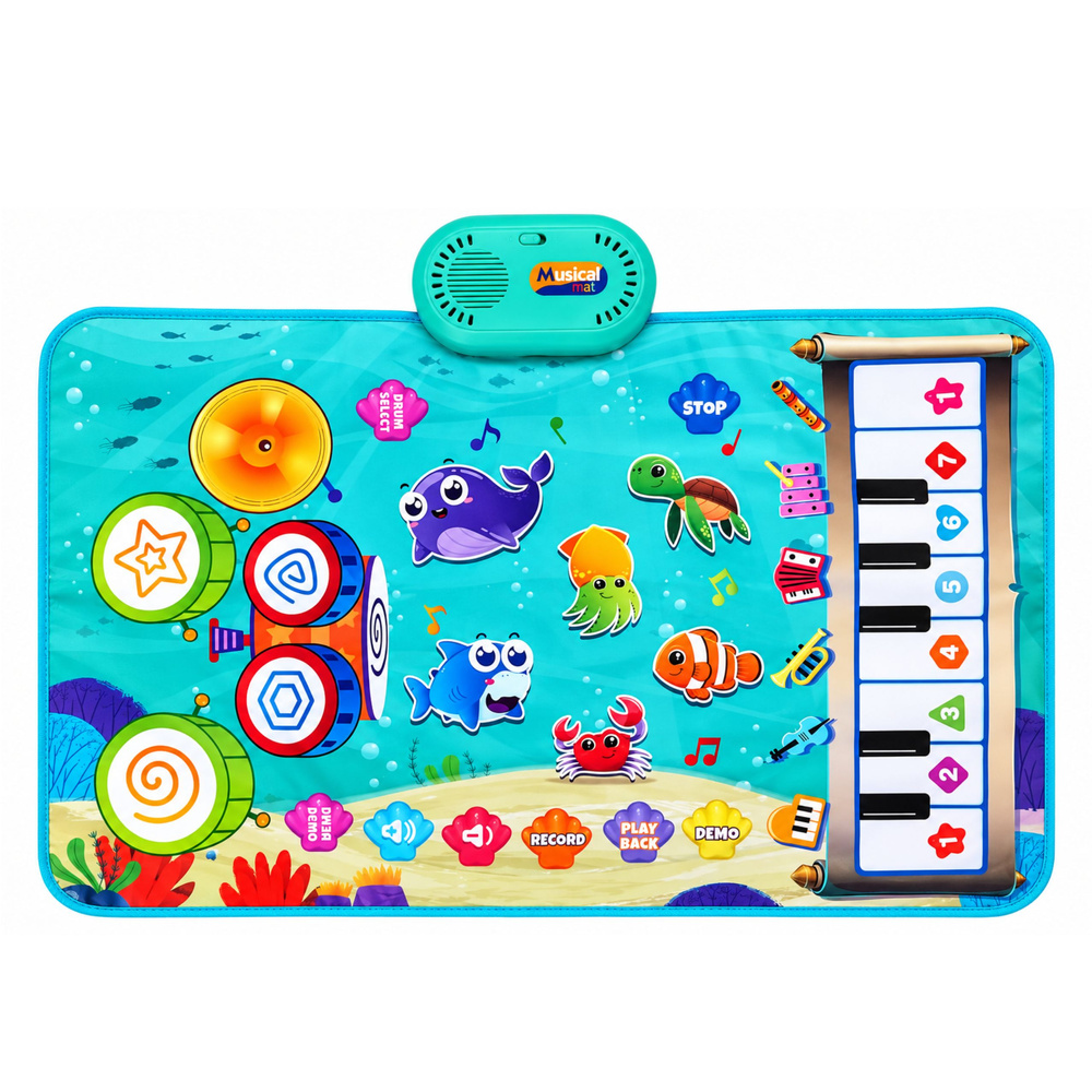 Muzikinis kilimėlis su pianinu ir būgnais, mėlynas, 80 × 50 cm 2