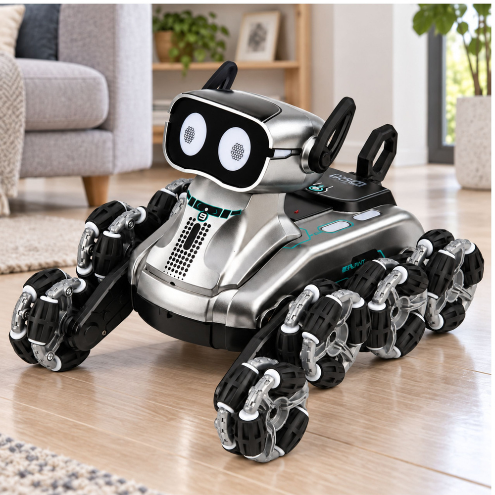 Nuotoliniu būdu valdomas robotas šuo su 8 ratais ir šviesos bei garso efektais, sidabrinis, 22,5 × 12,5 × 16 cm 3
