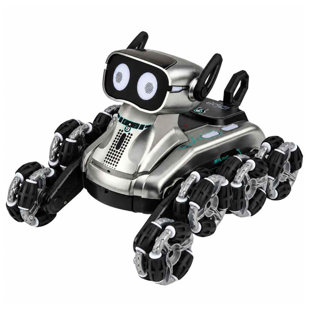 Nuotoliniu būdu valdomas robotas šuo su 8 ratais ir šviesos bei garso efektais, sidabrinis, 22,5 × 12,5 × 16 cm