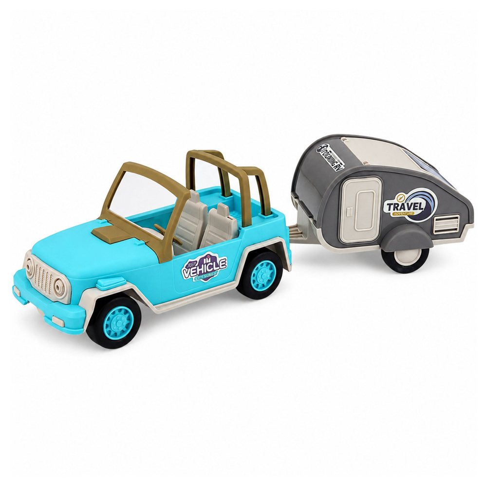 Bekelės automobilis su kemperiu mėlynas