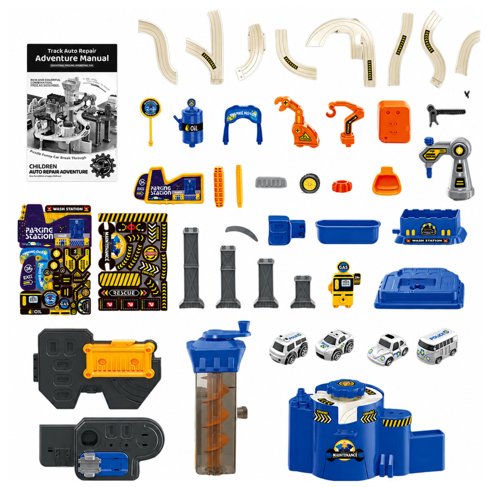 Interaktyvus automobilių garažas su trasa, mėlynas, 52 × 36 × 46 cm, 8 automobiliai 3