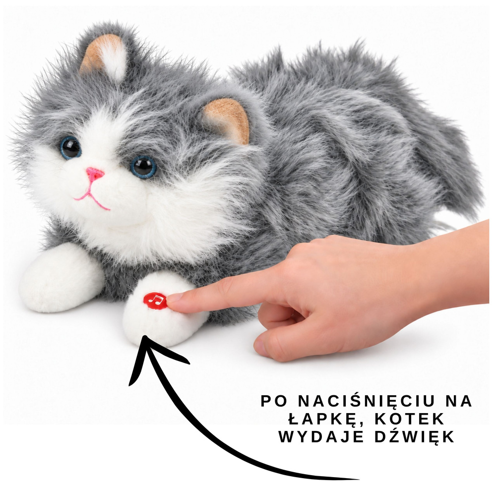 Plīša kaķis ar miau skaņām, pelēks un balts, 40 × 18 × 16 cm 2