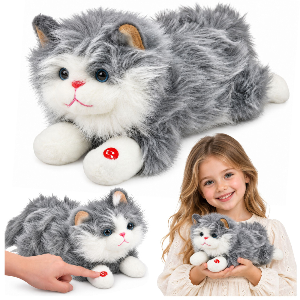 Plīša kaķis ar miau skaņām, pelēks un balts, 40 × 18 × 16 cm