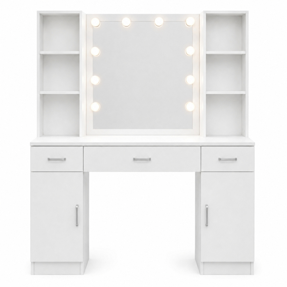 Kosmetinis staliukas su LED veidrodžiu ir 3 stalčiais, baltas, 114 × 40,3 × 141 cm