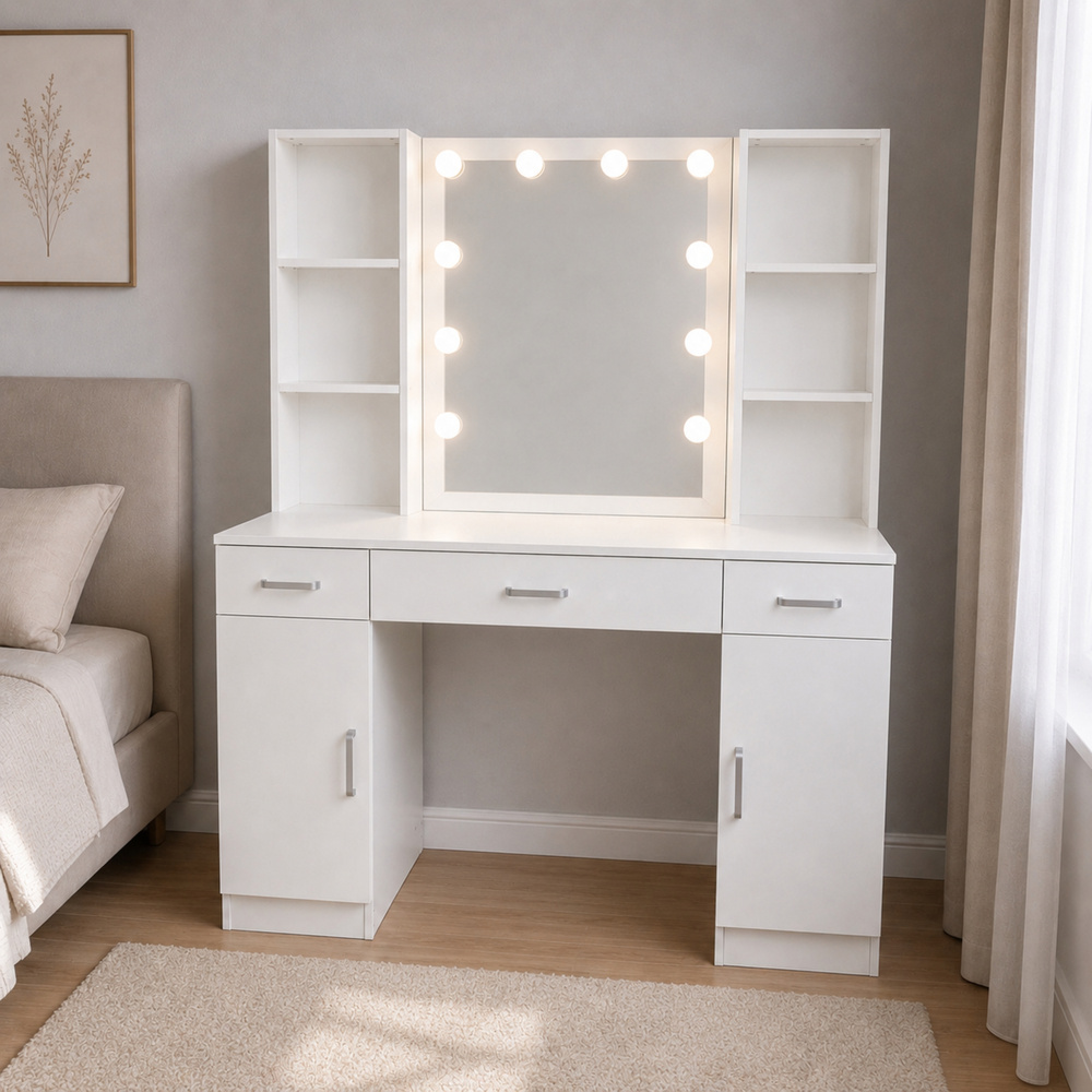 Kosmetinis staliukas su LED veidrodžiu ir 3 stalčiais, baltas, 114 × 40,3 × 141 cm 3