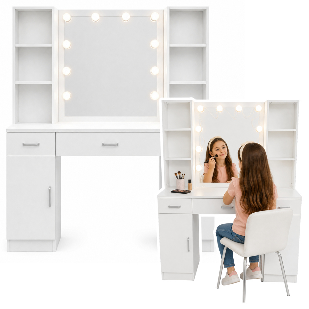 Kosmetinis staliukas su LED veidrodžiu ir 3 stalčiais, baltas, 114 × 40,3 × 141 cm