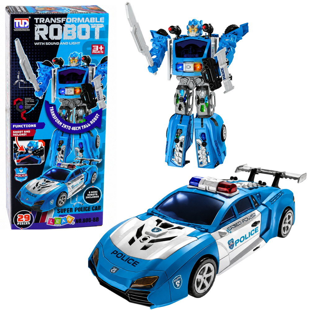 Konstruktorius policijos robotas 2-in-1 su šviesomis ir garsais, mėlynas, baltas, juodas, 46 × 33 × 13 cm, 29 dalių