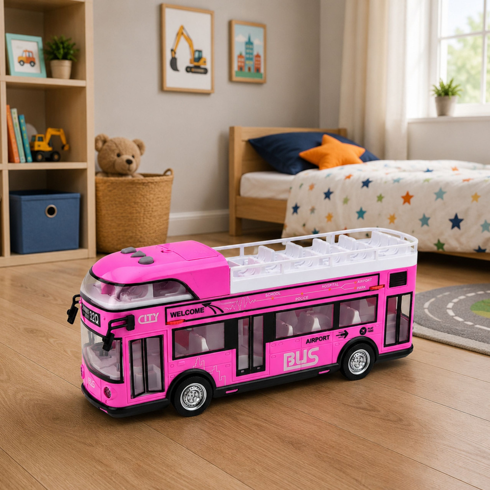 Dviaukštis miesto autobusas rožinis 3