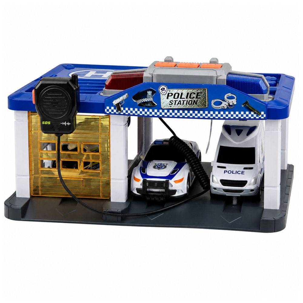 Policijos garažas su automobiliais ir sraigtasparniu, mėlynas ir baltas, 32 × 17 × 21 cm